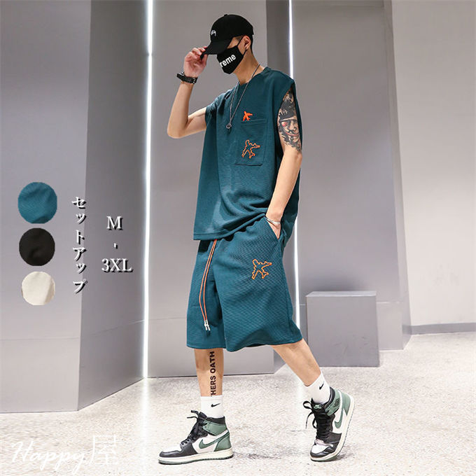 セットアップ メンズ ノースリーブ タンクトップ ショートパンツ 上下セット ゆったり お洒落 かっこいい スポーツ スウェット カジュアル 韓国風 ファッショ...