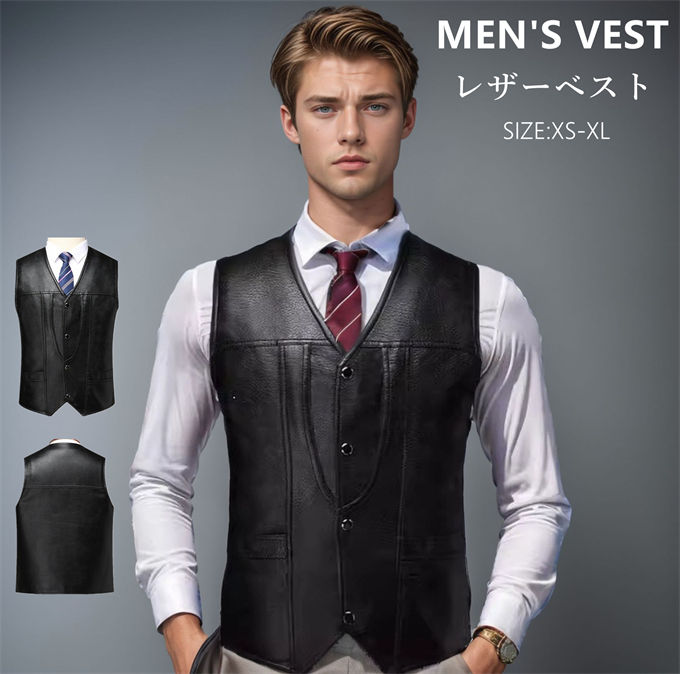 レザーベスト メンズ ベスト PUレザー 革ベスト ベーシックベスト スリム ジレベスト 合成皮革 ジレ ベスト かっこいい ベスト 大きいサイズ 無地 チョッキ ノースリーブ 前開き 紳士服 カジュアル バイク ゴルフ 二次会