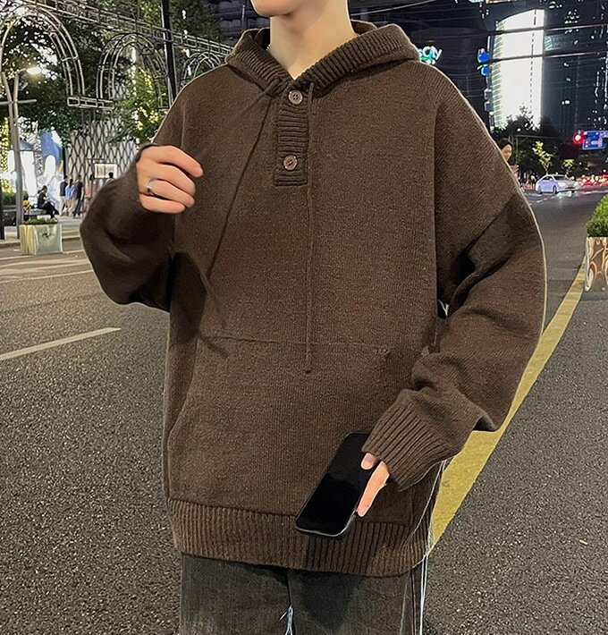 パーカー メンズ プルオーバーパーカー ニット ニットパーカー 長袖 ショート丈 襟ボタン カンガルーポケット フード付き 無地 ゆったり オーバーサイズ シンプル トップス 暖かい 防寒 おしゃれ カジュアル 服 ファッション 春 秋 冬 秋服 冬服 送料無料