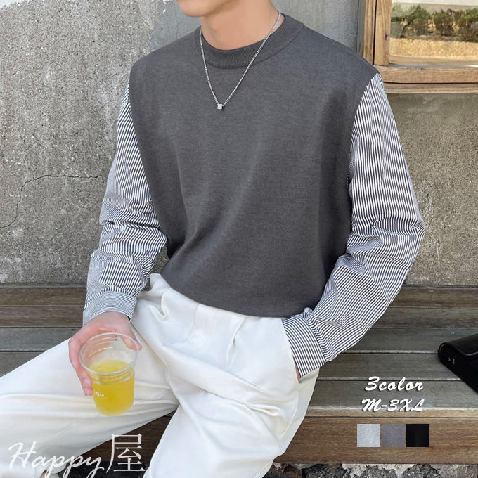 Crew Neck - ニット セーター メンズ 長袖 ウール混 ニットシャツ シャツ クルーネック　フェイクレイヤード ラウンドネック ニット トップス 無地 重ね着風 秋冬 送料無料