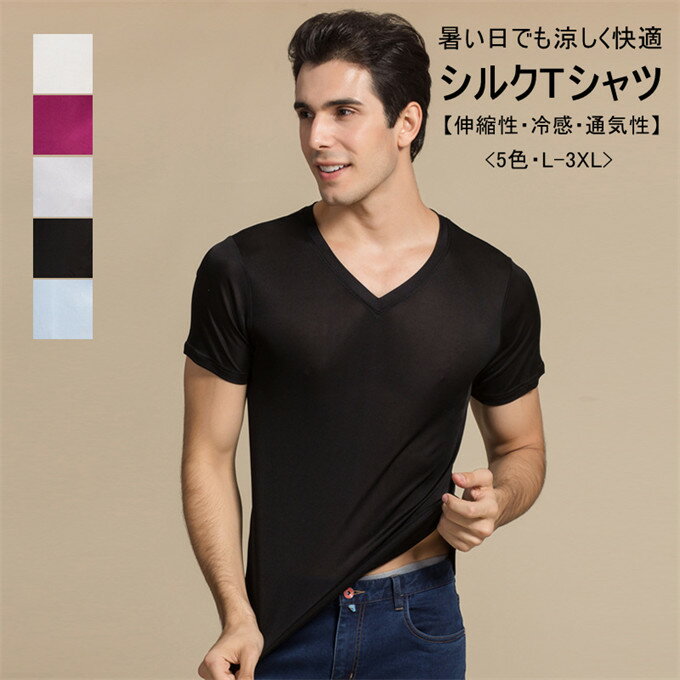 シルクtシャツ メンズ Tシャツ 半袖 Vネック カットソー トップス 肌着 快適 フィット 通気性 吸湿 速乾 インナー 無地 接触冷感 柔らかい カジュアル 大きいサイズ プレゼント 贈り物 ギフト 父の日 20代 30代 40代 50代 夏 夏服 夏物 送料無料