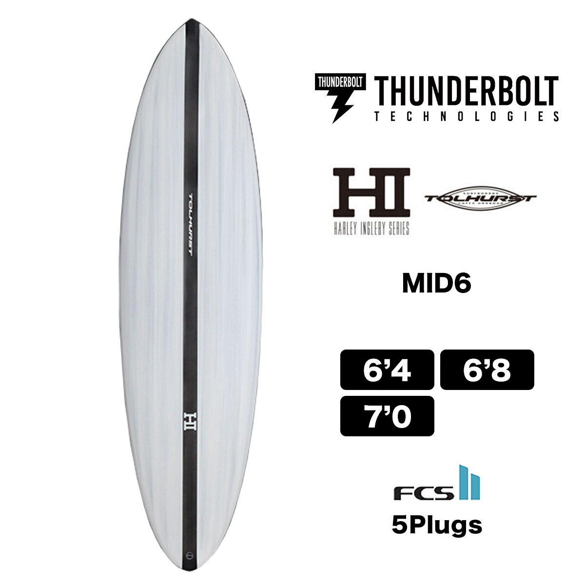 THUNDERBOLT TECHNOLOGIES MID 6 サンダーボルトテクノロジー ミッドシックス 6.4 / 6.8 / 7.0 ミッドレングス カーボン FCS2 5フィン パフォーマンス 6'4 / 6'8 / 7'0