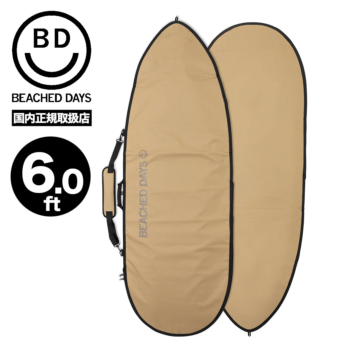 【国内正規取扱店】 BEACHED DAYS | ビーチドデイズ EASY BOARD BAG HYBRID 【6.0ft】 余分な機能は省き、シンプルでBEACHED DAYSカラーに仕上げた軽量で丈夫なデイリーユースのボードバッグ。 ボードの保管はハードケース派のユーザーの声にお応えし、デイリーユースボードバックをリリース！ ◆カラー：ベージュ ◆サイズ：6.0ft ◆対応サイズ：198 x 69.5cm 6ftまでのフィッシュなどやや幅広のノーズ形状のボードに適してます。一般的なボードの長さ、幅、厚み等を考慮し、余裕を持ったサイズで設計していますが、ご使用されるボードサイズを確認してお選びください。 【検索キーワード】サーフボード ボードケース ボードバッグ ハードケース フィッシュ 軽量 保護 保管 持ち運び ベージュ サーフィン人気ブランド ビーチドデイズ BEACHED DAYS | EASY BOARD BAG HYBRID 6.0ft【BY790035】かっこいい おしゃれ プレゼント 正規取扱い店【BEACHED DAYS】静岡県 静波 ジャックオーシャンスポーツ サーフボード スケートボード スノー アパレル patagonia他 各種ブランド 正規取扱店BEACHED DAYS（ビーチドデイズ） は、サーフ＆アウトドアをルーツに持つカルチャーブランドで、カリフォルニア発のサーフシーンの影響を受けたライフスタイルと サーフギア・アパレル・アクセサリー を融合したブランドです。ミッチ・アブシャー（Mitch Abshere）という キャプテンフィン（Captain Fin）を創設したレジェンドサーファー によってプロデュースされており、その視点から生まれるプロダクトは「波乗りだけでなくアウトドアでも心地よく使える」点が特徴です。 Color Detail [クリックして拡大] ※6ft. Hybrid, 7ft. 7.6ft.はハーフジップになります。 ※7ft. 7.6ft. 8ft. 9ft. 9.6ft. 10ft.はフィンスロットが付くのでオンフィンやフィンを装着したまま収納可能。 BEACHED DAYS | ビーチドデイズ EASY BOARD BAG HYBRID 【6.0ft】 商品詳細 素材・仕様 余分な機能は省き、シンプルでBEACHED DAYSカラーに仕上げた軽量で丈夫なデイリーユースのボードバッグ。 ボードの保管はハードケース派のユーザーの声にお応えし、デイリーユースボードバックをリリース！ マテリアルは軽く耐久性が高いポリエステル600Dを使用、持ち運びに便利な持ち手ハンドル、肩掛けストラップ付きでデッキ・ボトムはポリエチレン厚さ5mmのインナーフォームを使用。 余分な機能は省いたシンプルなデザイン、カラーはマットのサンドベージュでBEACHED DAYS風に仕上げたボードバッグ。 カラー ベージュ サイズ 6.0ft 対応サイズ サイズ：198 x 69.5cm 6ftまでのフィッシュなどやや幅広のノーズ形状のボードに適してます。一般的なボードの長さ、幅、厚み等を考慮し、余裕を持ったサイズで設計していますが、ご使用されるボードサイズを確認してお選びください。 注意事項 ■あらかじめご了承ください ・配送時の状況により、箱が破損している場合がございますので予めご了承下さい。 ・実店舗の店頭販売と在庫を共有しております。ご注文のタイミングによりましては、完売になり商品をご用意できない場合がございます。 ・商品の撮影環境やお客様ご使用のPCモニターの発色の具合により実際のものと色が異なる場合があります。