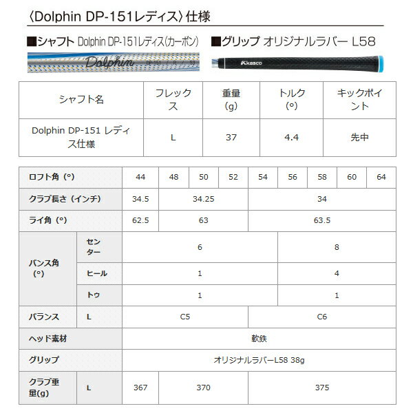 【レディース】キャスコ ドルフィン ウェッジ DW-120G Dolphin DP-151 カーボンシャフト装着［Kasco dolphin wedge］