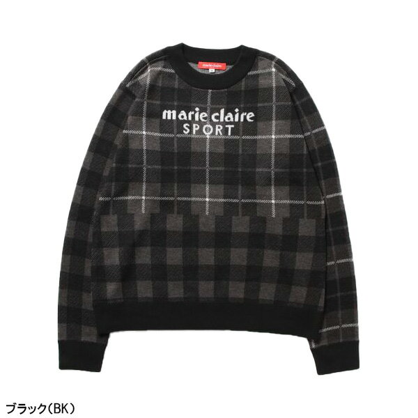 【レディース】マリ・クレール 長袖 クルーネック セーター チェック柄切替デザイン ニット 733-702 ゴルフウェア 2023年秋冬モデル marie claire マリクレール 秋冬ウェア 女性用 733702
