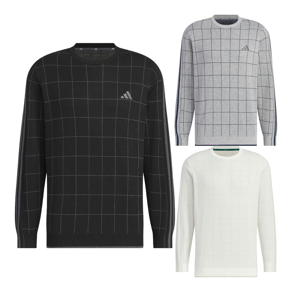 アディダス ゴルフ 長袖 セーター クルーネック スリーストライプス ニット チェック柄 メンズ JTY60 IM6425／IM6424／IM6427 トップス ゴルフウェア 2024年秋冬モデル adidas golf 秋冬ウェア
