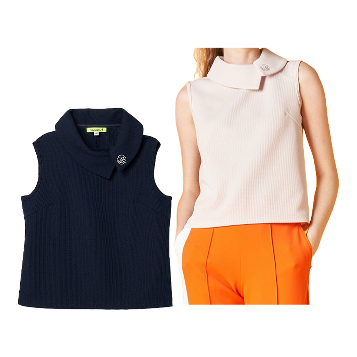 【ご注意】 お客様都合（サイズが合わない、イメージと違う等）での返品及び交換はお受け出来ません。 予めご了承ください。商品説明 上品なロールカラーのワッフルノースリーブトップス。 ウエストラインのカーブがスタイルを良く見せる効果があります。 カリッとしたワッフル素材は肌離れが良く、夏に嬉しい吸水速乾も兼ね備えた機能素材です。 機能：吸水速乾 素材 本体：ポリエステル 100% ししゅう糸：上糸 ポリエステル 100%／下糸 ポリエステル 100% サイズ 【40】身丈：54cm 身幅：43cm 肩幅：37cm 【42】身丈：55.5cm 身幅：46cm 肩幅：39cm