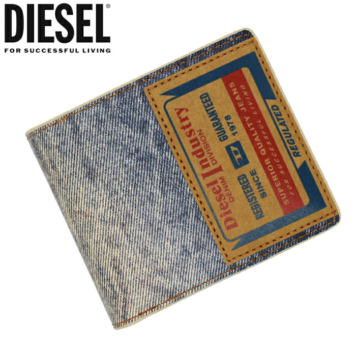 ディーゼル 二つ折り財布（メンズ） DIESEL ディーゼル デニムプリント レザー二つ折り財布 小銭入れ付 ブルー X09913 P6343 H7663 JACKRON BI-FOLD COIN ディーゼル 財布 diesel 財布 メンズ レディース