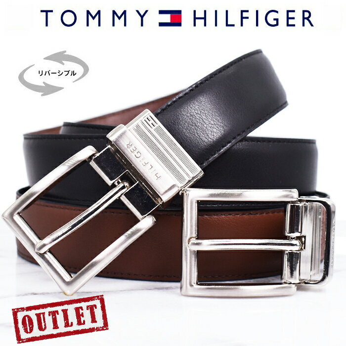 乐天商城 - 【アウトレット　キズや凹み、汚れあり】TOMMY HILFIGER トミーヒルフィガー リバーシブルベルト フリーカット ブラック/ブラウン 11TL08X013 トミーヒルフィガー ベルト 回転式バックル ビジネス ベルト メンズ ブランド BLACK/TAN