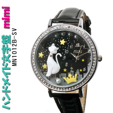 (キャッシュレス5%還元)腕時計 レディース [ミニ] MINI ハンドメイド文字盤本革ベルトキュートな猫 送料無料　MN1012B-SV