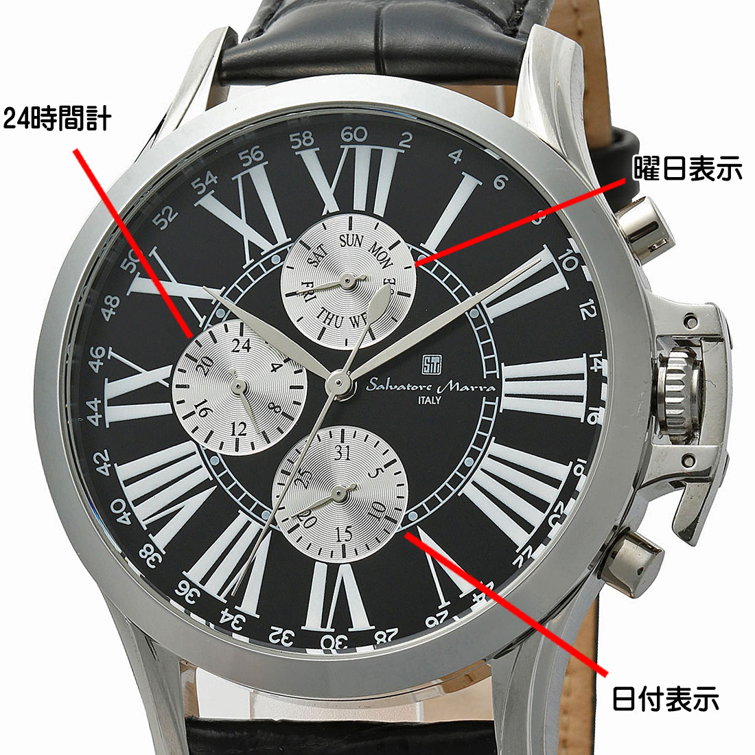 腕時計メンズ 【Salvatore Marra】サルバトーレマーラ　ウォッチ　レザーベルト アナログ カレンダー 24時間計 マルチファンクション SM23101-SSBK 男性　ギフト　プレゼント　ブランド　贈り物　送料無料