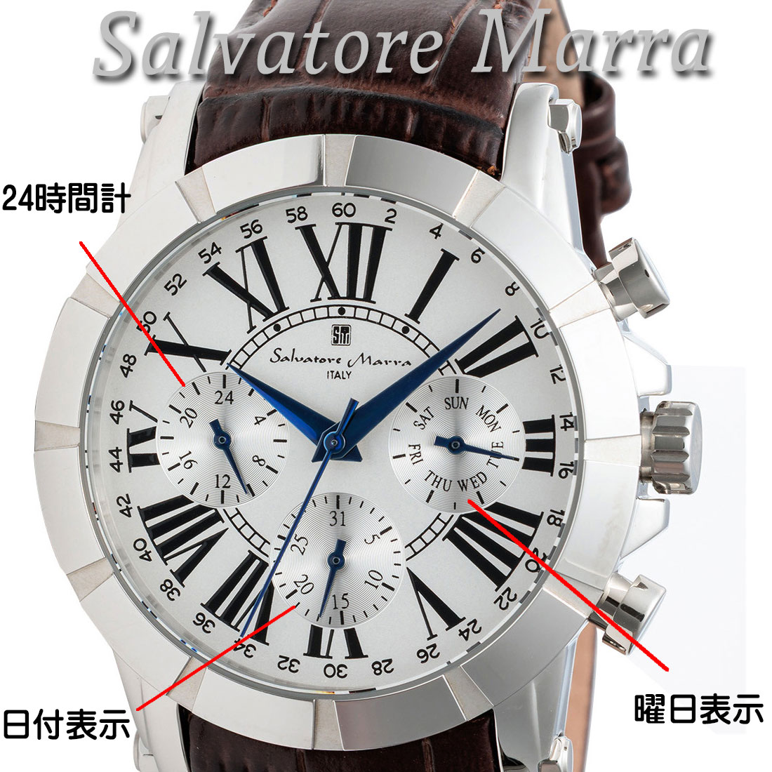 ジャッカルの腕時計 メンズ サルバトーレマーラ マルチファンクション アナログ お祝い 卒業 入学 就職 退職 Salvatore Marra 多軸クォーツ 5気圧防水 革ベルト SM25101-SSWH 男性 ブランド 贈り物 おしゃれ かっこいい ビジネス カジュアル 高級感 誕生日 記念品 プレゼント 送料無料｜アングル3