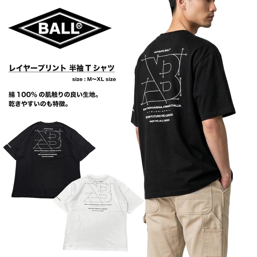 56273 スポーティー 半T 半袖Tシャツ Tシャツ シンプル 重ね着風 レイヤード 快適 綿100% BALL ボール スタイリッシュ ワンマイルウェア 袖プリント イタリアン カジュアル コットン タウンユース ストリート スポーツ 運動 普段着 リラックスウェア メンズ レディース "100"