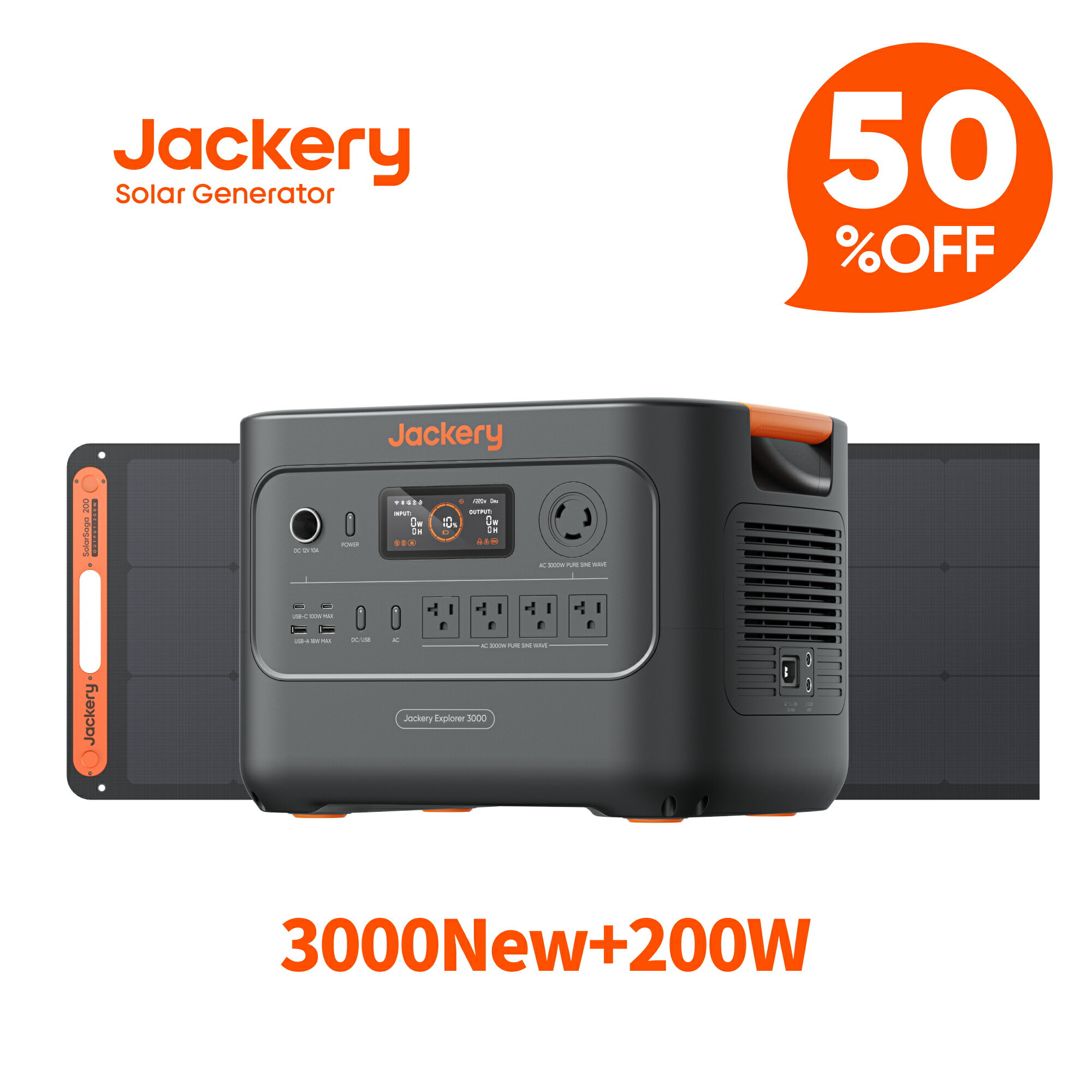【クーポン利用で208,400円 12/4 20:00から】Jackery Solar Generator 3000 New 3072Wh 200W ポータブル電源 ソーラーパネル セット リン酸鉄長寿命 バッテリー 定格3000W コンパクト 急速充電 防災 家庭用 アウトドア用 車中泊 UPS機能 アプリ 太陽光発電 ジャクリ