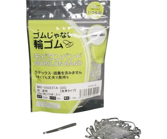 透明/-/MB-55023TA-33G・パッケージ個数:1・※※事業者向け商品です※※・ゴムバンド・メーカー 日清紡テキスタイル・入数 1袋(370本入)・型番 MB-55023TA-33G・色：透明・切幅(mm)：3・折径(mm)：90・厚さ(mm)：0.3・袋入数(本)：約150