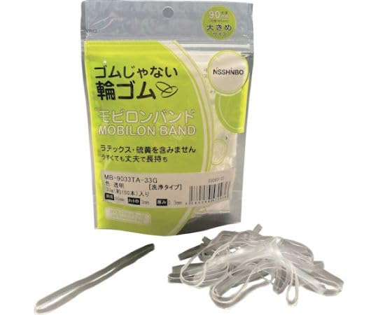 透明/-/MB-9033TA-33G・パッケージ個数:1・※※事業者向け商品です※※・ゴムバンド・メーカー 日清紡テキスタイル・入数 1袋(150本入)・型番 MB-9033TA-33G・色：透明・切幅(mm)：2・折径(mm)：55・厚さ(mm)：0.3・袋入数(本)：約370