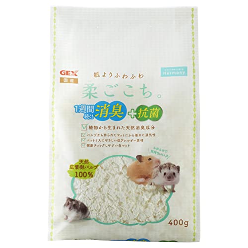 ホワイト/400g/65494・パッケージ個数:1・本体サイズ (幅X奥行X高さ) :25×7×38cm・本体重量:0.4kg・原産国:日本・商品モデル番号:65494商品紹介 天然広葉樹パルプを100%使用した紙よりふわふわなホワイトパルプマットの小動物用床材! ペットと人にやさしい低アレルギー素材 ・・・木のチップと比べ、アレルゲンが少ない天然パルプを100%使用した床材です。 健康チェックしやすい白マット・・・ウンチやオシッコのチェックがしやすい! ふわふわだから優れた通気性!・・・通気性はもちろん、ふわふわだからもぐりやすい! (パルプとは)木材などから繊維を抽出したもので、紙を作る原料になります。本製品のやさしい柔らかさは、パルプならではです。 【ご使用方法】本製品を袋から出し、ケージ内に3-5cm程度の厚さに敷きつめてご使用ください。生体の大きさや習性に合わせて、深さを調整してください。 使用上の注意 ※本製品は小動物等(哺乳類)のペット専用です。他の目的には使用しないでください。※本製品は食べ物ではありません。子供やペットが誤って口に入れたり食べた場合は、直ちに使用を中止し、大量に誤食した場合は医師または獣医師に相談してください。※火気に近づけないでください。火災の原因になります。※本製品は開封後、クリップ等でしっかりと開封口を閉め、湿気の少ない乾燥した風通しの良い場所に保管してください。※高温多湿、直射日光のあたる場所での使用、保管はしないでください。※本製品は天然のパルプを使用しておりますので、製品により色や形・サイズがばらつく場合がありますが、品質に問題はありません。※天然のパルプ由来の黒色・茶色の点が混じる場合がありますが、品質に問題はありません。 原材料・成分 バージンパルプ 使用方法 ・本製品を袋から出し、ケージ内に3-5cm程度の厚さに敷きつめてご使用ください。生体の大きさや習性に合わせて、深さを調整してください。・汚れがひどくなった場合やニオイがきつくなった場合は、必要に応じて交換してください。・ご使用済みの床材を処理する場合は「可燃」・「燃える」ゴミとして処理してください。(ただし、各自治体によって処理方法が異なる場合はそれに従ってください。) ※配水管を詰まらせる恐れがありますので、水洗トイレには絶対に流さないでください。※使用後は不衛生にならないように処理してください。 ご注意（免責）＞必ずお読みください ※製品の仕様、デザイン、価格等予告なく変更することがあります。