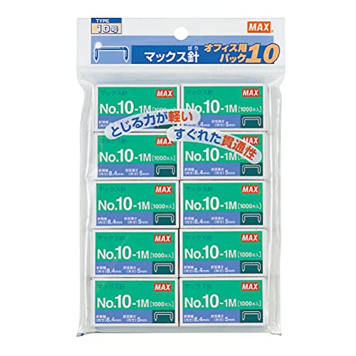 10個入銀色/10号針/NO.10-1Mパック10・Size:10号針Style:10個入・パッケージ個数:1・本体サイズ(約):幅8.4mm、針足5mm・1連接着本数:50本・1箱1000本入り(1パック入数:10000本)・適合機種:HD-10FL2・10FS・10DFL・10/B・10D・10NX・10DB・10NL・10NLCK・10V・HP-1010号針オフィス用パックシリーズ(10個入り) No.10の規格ホッチキス針。 マックスでは、紙を綴じるのに最適な先端形状を維持するため、マックス独自の設備で万全の品質管理のもとに針を製造しているから安心! 1箱に1000本入。 適合機種:HD-10FL2・10FS・10DFL・10/B・10D・10NX・10DB・10NL・10NLCK・10V・HP-10 商品名 : マックス ホッチキス針 ハンディタイプ 10号 NO.10-1Mパック10 MS91187x10