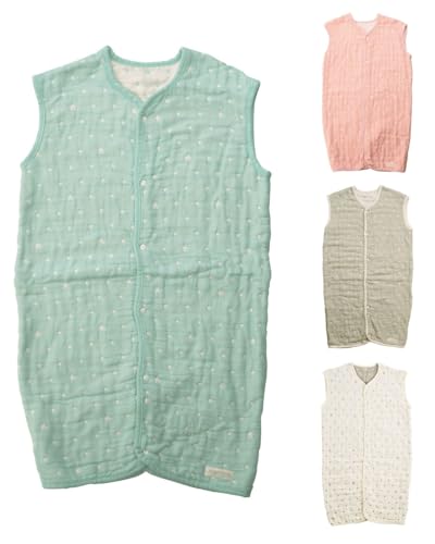 袖なしミントブルー/110-120cm/110-120MB・Size:110-120cmColor:ミントブルー・パッケージ個数:1・寝冷えから守ってくれる2ウェイ仕様のベビー＆キッズ用スリーパー・6重ガーゼは一年を通して快適に使える素材。ふんわりとお子様を包み込みます・股下の2箇所のスナップボタンを留めれば、裾のめくれ上がりをガード・お布団から出てしまう肩をフレンチスリーブが優しく包み込みます・生地の生産から縫製に至るまで全て日本国内で行われています●おやすみ中のお子様を柔らかな6重ガーゼでふんわり包み込み、寝冷えから守ってくれるベビー＆キッズ用スリーパー。 ●オールシーズン使える6重ガーゼ 細かい織り目のガーゼと粗い織り目のガーゼを重ねて織り上げた6重ガーゼ生地は、使うほどに空気を含みやわらかさを増します。この空気の層は、横糸の太さを変えることによって生まれますが、糸の太さが異なる織りは、糸調整が難しいため技術を要します。アンジェロラックスの6重ガーゼは、伝統ある「三河木綿」の製織技術を用いてこれまでの6重ガーゼを超えるふんわりやわらかを実現しました。暑いときには、素早く汗を吸い取り発散させるので涼しく、寒いときには、ガーゼの間に空気を含むのであたたかい、1年を通して快適に使える素材です。また、お洗濯を繰り返すことでよりふんわりと肌馴染みが良くなります。乾きやすい素材なので、毎日清潔に安心してお使いいただけます。 ●江戸時代より紡いだ「三河木綿」 アンジェロラックスの6重ガーゼは、織物の産地として有名な愛知県の東部、蒲郡市で生産しています。 蒲郡市は、江戸時代に三河国の一部として綿花栽培で栄え、明治時代以降、西洋の技術を融合し「三河木綿」「三河縞」というブランドを作り上げました。伝統技術を継承しながら、熟練の職人によって今日まで紡いだ三河木綿を使った6重ガーゼは、ふんわりやわらかでとても気持ちの良い肌触りです。また、お子様が身に着けるものだからこそ、安心と信頼の日本製が一番。生地の生産はもちろん縫製に至るまで全て日本国内で行われています。 ●小さな星に想いをのせて angerolux（アンジェロラックス）は、イタリア語の［angelo（天使）］とラテン語の［lux（光）］、2つの言葉を組み合わせた造語です。 『天使のようなこどもたちの未来を照らす光』という意味を持ち、ママやパパと同じ目線でのものづくりを目標にこどもたちの未来のために信頼ある製品を作りたいという想いが込められています。 小さな水玉の中にさりげなくあしらった星は、そんな想いをのせたアンジェロラックスオリジナルのガーゼ生地です。デザインから色選びまで試行錯誤を重ねて完成しました。 ●寝相が悪くても大丈夫 股下にある2箇所のスナップボタンを留めるとズボンのようになり、裾のめくれ上がりをガード！夜な夜な目をこすりながら子供の寝ている場所を探し、お布団を掛けなおす心配はありません。 サッと着させたい時は股下ボタンを外してベストのように着ることもできます。 また、成長して股下ボタンが留められなくなってもベストタイプとして長く着ることができます。 ※ボタンを付け外しする際は、生地を引っ張らずボタンだけを持ち付け外しを行ってください。 ●前開きだから着せやすい 前開きタイプなので、広げたスリーパーの上に赤ちゃんを寝かせれば、あとはスナップボタンを留めるだけでOK。眠くてぐずってしまうお子様でも着せやすいので安心です。 ●お布団から出てしまう肩をカバー お布団から出てしまいがちな肩も長めに作ったフレンチスリーブが優しく包み込みます。 ●サイズは、50-70cm（目安0ヶ月〜1歳頃）と80-100cm（目安1〜3歳頃）、110-120cm（目安4〜6歳頃） 寒い季節の厚めの生地のパジャマでも着やすいように身幅を広く仕上げました。 ※洗濯時のガーゼ生地の縮みを考慮し、製品は表記サイズより大きめに仕上げています。洗濯後に表記サイズの大きさになります。尚、洗濯方法により若干の誤差がございます。