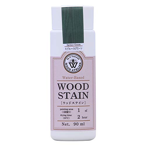 スプルースグリーン/90ml/800622・Size:90mlColor:スプルースグリーン・パッケージ個数:1・内容量:90ml・色:スプルースグリーン・塗り面積(1回塗):約1m2、乾燥時間(20度):約2時間・うすめ液:水(水道水)・成分:合成樹脂(アクリルシリコン)・顔料・水木目を生かして鮮やかに着色 【用途】 屋内未塗装木部の着色 【特徴】 ・低臭で手軽に使用できる水性着色剤(ステイン) ・食品衛生自主基準に適合 ・顔料の定着性が良く、ステインのみで仕上げても色移りしにくため、単品で仕上げることもできる ・えのぐ感覚で色の混ぜ合わせができる ・別の色を塗り重ねることで、単色塗りとはひと味違った仕上がりになる 【注意事項】 ※ニスやペンキに混ぜて使うことはできません。 ※塗料が染み込めない場所には着色できません。 ※使ったハケは水で洗え、石けんや中性洗剤を使うと、よりきれいに洗うことができます。 ※防水性が必要な作品にはクリアコートをご利用下さい。