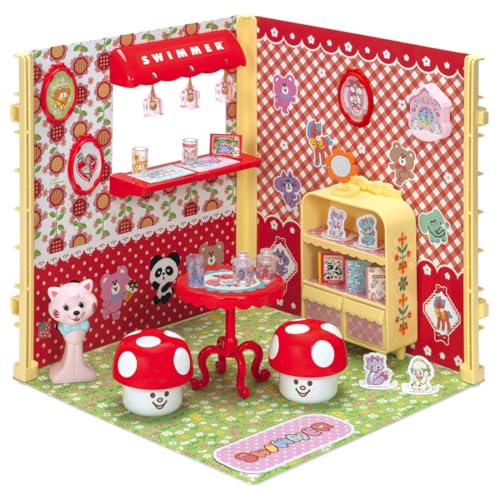 パッケージ個数:1・(C) TOMY (C)patty's co. ltd. All rights reserved.・電池は使用しません。商品紹介 雑貨ブランド「SWIMMER」とコラボレーションした、リカちゃんの世界観でインテリアコーディネートを楽しめるアイテムが登場! SWIMMERのかわいい雑貨を、リカちゃんサイズでぎゅっと再現! グラスやキャニスター、フラワーミラー、シャポードールなど、SWIMMERならではのキュートなアイテムがそろっています。 SWIMMERのキャラクターでいっぱいの壁に、棚やテーブル、スツールを配置すれば、かわいいSWIMMERに囲まれた夢のお部屋が完成。 リカちゃんのおへやあそびが、もっと楽しく、もっとかわいく広がります。 【セット内容】床シート(1) 壁シート(2) 柱パーツ(3) 柱とめパーツ(3) シェルフ（ひきだしx2個付き）(1) きのこスツール(2) カウンタールーフ(1) カウンターテーブル(1) ペンダントライト(電球パーツ付き)(3) かべかけ時計(1) アートフレーム(3) グラス(3) キャニスター（ふたつき）(2) フラワーミラー(1) シャポードール(1) かみこものシート(1) クリアシールシート(1) シールシート(1) ジェルシールシート(1) テーブル(1) 取扱説明書(1) ※人形、ドレス、一部の小物は別売りです。 安全警告 該当なし