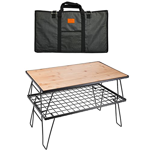 本体T-230(黒メッキ) 2点/竹製天板フルセットラック2点 竹製天板1点/Large/T-230JP・Style:本体T-230(黒メッキ) 2点/竹製天板フルセット・パッケージ個数:1・寸法：使用時／約60×35×45cm、収納時／約60×35×2.3cm、天枠深さ（内寸）／約1.2cm・商品内容：フィールドラックT-230×2点、天板T-2301×1点、収納ケースB-230-H×1点・重量：約6.0kg; 材質：スチール黒メッキ・分散耐荷重：約30kg（※極限荷重実測値が118kgとなっておりますが、鋳鉄薪ストーブやボイラを絶対に置けて使用しないで下さい。最大荷重などを守ってご使用下さい。）・【キャンプサイトのレイアウトに】サイトの雰囲気を邪魔しないデザイン。テーブルとして使用するもにもちょっといい大きさ。オプション（別売品）が豊富で、連結天板でさまざまなレイアウトに対応。ソロキャンプでのテーブルとして、焚き火のサイドテーブルとしてなど、アイデア次第どんな使い方も可能です。【ある時はラック、ある時はテーブルと、マルチに使える】ギアボックスや小物類を置
