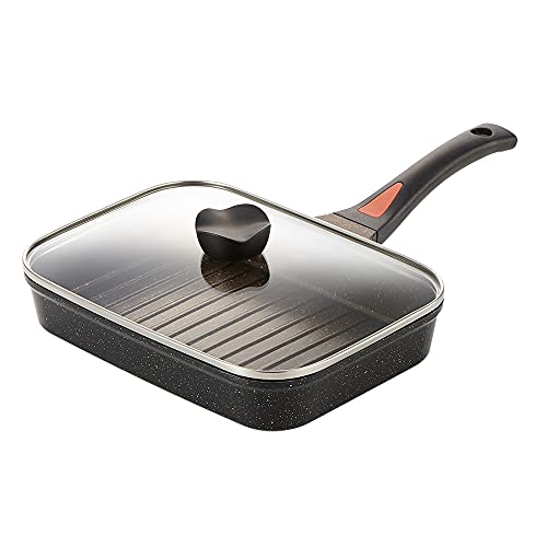 Grill Pans - アイメディア(Aimedia) 魚焼きパン グリルパン 魚焼きグリル マーブルコート IH対応 直火対応 ガラス蓋付 焼き魚フライパン 焦げつき