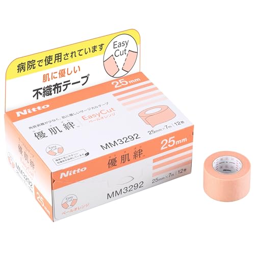 ニトムズ 優肌絆 EasyCut ペールオレンジ25mm×7m 12巻入 (品番MM3292) 肌にやさしい かぶれにくい サージカルテープ 医