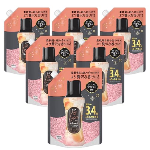 -/詰め替え 1600mL×6袋/-・PatternName:ホワイトムスク&アプリコットSize:詰め替え 1600mL×6袋・パッケージ個数:1・レノアオードリュクスの香り付けビーズで最高の香り体験*・お持ちの柔軟剤と合わせるだけで、より奥行のある贅沢な香りに・「ホワイトムスク＆アプリコット」甘さとぬくもりに包まれるご褒美のような香り・柔らかな太陽と優しく輝く木々のもとで過ごす日曜の昼下がり。甘くみずみずしいアプリコットと、優しいホワイトムスクの香りに包まれる。・*当社ビーズ製品内商品紹介 最高級の香り体験* プレミアムアロマの香り　柔軟剤と組み合わせてより贅沢な香りに！ お持ちの柔軟剤と合わせるだけでより奥行のある贅沢な香りが楽しめます。 心ときめくシーンを香りで再現　日曜の昼下がり　ホワイトムスク&アプリコットの香り：柔らかな太陽と優しく輝く木々のもとで過ごす日曜の昼下がり。甘くみずみずしいアプリコットと、優しいホワイトムスクの香りに包まれる。 縦型・ドラム式どちらでもOK お洗濯のはじめに入れるだけ！ *当社ビーズ製品内 レノア オードリュクス Eternal お洗濯の香り付けビーズ ホワイトムスク&アプリコットの香り 原材料・成分 安定化剤、香料 使用方法 お洗濯のはじめに入れるだけ！ 1 洗濯槽にビーズを直接入れるだけ。 2 洗剤や柔軟剤をいつも通り入れる。空気を含んだビーズだからよく溶ける。 「すすぎ1回」で香りもっと長続き！溶け残りも心配なし！おしゃれ着コースやドライコースでお使いの場合、製品を溶かしてから、衣類を入れてください。自動投入洗濯機の場合も、ビーズは必ず洗濯槽へ投入してください。 自動投入洗濯機に：普段の柔軟剤と使うとさらに香り長続き！気分で香りも変えられる。（使用量の目安：衣料1kgに対して12mL）　 上記は目安ですので、お好みの香りの強さになるように、量を調節できます。