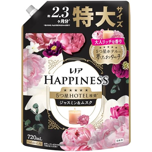 -/詰め替え 720mL/4987176319982・パッケージ個数:1・新しくなったレノアハピネスは、5つ星ホテルが認めた*上質で清潔感のある香りと極上の肌触り。(*詳しくはWebへ）・レノアハピネスジャスミン＆ムスクの香り。上品なムスクとジャスミンを使用した甘さ控えめな大人の香りが一日中長続き。5つ星ホテルも認める贅沢な香りが1週間*楽しめます。（*保管状態にて）・最高量*1の柔軟成分を配合しているから、100回洗ったゴワゴワタオルも新品のようにふわふわに*！（*1 過去10年レノアハピネスにおいて、*2 複数回洗濯後イメージ。）・汗をかいても防臭。部屋干しもOK*。赤ちゃん用衣類も柔らかく。静電気を抑制。（* いい香りに）・レノアの柔軟剤は、ドラム式洗濯機や自動投入洗濯機でもお使いいただけます。詳細の使用方法や使用量は、製品裏の説明をご覧ください。商品紹介 5つ星HOTEL推奨* 大人リッチな香り　5つ星ホテルの夢ふわタッチ ジャスミン＆ムスク：上質なムスクとジャスミンを使用した、甘さ控えめな大人の香り。 汗をかいても防臭 部屋干しOK*1 赤ちゃん用衣類もやわらかく 静電気を抑制 *詳しくはウェブへ *1 いい香り レノア ハピネス 5つ星ホテルの夢ふわタッチ 柔軟剤 ジャスミン＆ムスクの香り 原材料・成分 界面活性剤（エステル型ジアルキルアンモニウム塩）、安定化剤、香料
