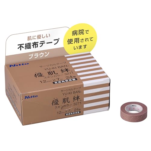 単品こげ茶/12mm×7m 24巻入/3271・Color:こげ茶Size:12mm×7m 24巻入・パッケージ個数:1・優肌絆(R)の粘着剤は柔らかいゲルタイプで、従来のテープにはなかったものです。皮膚の凸凹にぴったりとなじんで皮膚によく密着するため、粘着力は従来のままに、しかも剥がす時に角質層を剥離・損傷しません。何度も同じ場所に使用する方、人工透析を受けている方、従来のテープでお困りの方にぜひお試しください。肌に優しいサージカルテープ
