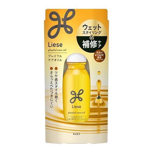 -/80ml/-・Size:80ml・パッケージ個数:1・内容量:80ml・髪質:全髪質対応・気分安らぐアロマティックハーブの香り・ツヤと動きで絶妙毛先ニュアンス・さらっとべたつきにくく使いやすい商品紹介 ツヤと動きで絶妙毛先ニュアンス! ・補修ケア&ツヤ感・ゆる束スタイリングをかなえる朝夜兼用オイル。 ・ホホバオイルEX*配合(保湿・ツヤ付与)。 ・リーゼプレイフルワックス**と混ぜても使えます。 ・気分安らぐアロマティックハーブの香り。 *ホホバ油・イソステアリン酸コレステリル・トリエチルヘキサノイン **「リーゼプレイフルワックス 軽やかナチュラル」か「リーゼプレイフルワックス 弾ませムーブ」のいずれか1品 原材料・成分 トリエチルヘキサノイン、イソドデカン、ジメチコン、水添ポリイソブテン、イソノナン酸イソトリデシル、水添ポリデセン、スクワラン、ホホバ種子油、オリーブ果実油、ヒマワリ種子油、イソステアリン酸コレステリル、香料 使用方法 ●1~2プッシュずつ手に取り、手のひらでよくのばして、タオルドライ後の髪や乾いた髪の中間から毛先を中心になじませます。(セミロングヘア全体で、3~4プッシュ程度が目安です。) ●髪の量・髪の状態・仕上がりの好みなどに合わせて、使用量を調節してください。 ●使い始めは、数回空押ししてください。 ●使用後は必ずキャップをしてください。