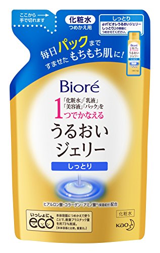 -/160 ml/0・Size:160 mlPatternName:詰め替え・パッケージ個数:1・商品サイズ(幅×奥行×高さ):106x48x170・内容量:160ml・洗顔後これだけでスキンケア完了・とろみがあるのにすーっとなじんでべたつかない・なじませて、感触がするんっと変わったらパックまで完了のサイン商品紹介 洗顔後これだけでスキンケア完了。 「化粧水」「乳液」「美容液」「パック」を1つでかなえる、うるおいジェリー。毎日パックまですませたもちもち肌に。 浸透*&パック処方。感触がするんっと変わったらパックまで完了サイン。 ヒアルロン酸、コラーゲン、アミノ酸※(保湿成分)配合。 すーっととけこむような使い心地のしっとりタイプ。 無香料、無着色、アレルギーテスト済み(すべての方にアレルギーが起こらないというわけではありません)。 *角層への浸透 ※アルギニン 【化粧水】・使用上の注意 ●傷、はれもの、湿疹等異常のあるところには使わない。 ●肌に異常が生じていないかよく注意して使う。肌に合わない時、使用中に赤み、はれ、かゆみ、刺激、色抜け(白斑等)や黒ずみ等の異常が出た時、直射日光があたって同様の異常が出た時は使用を中止し、皮フ科医へ相談する。使い続けると症状が悪化することがある。 ●目に入らないよう注意し、入った時は、すぐに充分洗い流す。 ●子供や認知症の方などの誤飲等を防ぐため、置き場所に注意する。 商品に関するお問合せ・ご意見は「花王消費者相談室」0120-165-692 受付時間:9:00~17:00(土・日・祝日は除く) 原材料・成分 ●成分：水、グリセリン、エタノール、BG、DPG、ジメチコン、セタノール、ヒアルロン酸Na、水溶性コラーゲン、アルギニン、ベタイン、キシリトール、セチルPGヒドロキシエチルパルミタミド、ステアロイルグルタミン酸、ジステアリン酸ソルビタン、ベヘン酸グリセリル、(アクリレーツ/アクリル酸アルキル(C10-30))クロスポリマー、EDTA-2Na、水酸化K、メチルパラベン 使用方法 ●使用方法：洗顔後、適量を手に取り、顔全体になじませます。 ご注意（免責）＞必ずお読みください 【商品について】 ・予告なくリニューアル等により商品及びパッケージ仕様・処方等が変更になる場合がございます。 【画像についてのお断り】 ・画像および画面の性質上、実際のカラーとは異なる場合がございます。予めご了承願います。 ・お肌に合わないときは、ご使用をおやめください。 ・使用中や使用後に赤味、はれ、かゆみ、刺激等の異常があらわれた時は直ちに使用を中止し、皮膚科専門医等へのご相談をおすすめします。 ・目に入ったときは直ちに水で洗い流して下さい。 ・乳幼児の手の届かないところに保管して下さい。