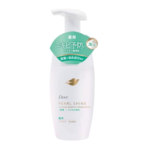 グリーン/本体/-・Size:本体PatternName:アクネケア・【洗顔をスキンケアのファーストステップに】 洗顔を洗うだけではなく、理想な肌に導く最初のスキンケアステップに 真珠のようなつや肌へ導くパールシャインシリーズ・【薬用　ニキビ予防】 ニキビを防ぎ、真珠のようなツヤのあるすべすべな肌へ・【25年のダヴの肌研究から生まれた　パールシャイン処方】 真珠に発想を得た12種類のアミノ酸*1配合 *1 真珠の構成要素と同種類の12の非動物性由来のアミノ酸(アスパラギン酸、トレオニン、セリン、グルタミン酸、グリシン、アラニン、バリン、イソロイシン、ロイシン、フェニルアラニン、ヒスチジン、アルギニン):保湿成分・【殺菌成分*2 + 消炎成分*3配合】 殺菌成分*2 + 消炎成分*3配合処方で洗いあがりしっとり、つっぱらない *2 イソプロピルメチルフェノール *3 グリチルリチン酸ジカリウム・【濃密ミクロ泡がやさしく洗う】 毛穴より小さな泡がうるおいバリアを守りながら洗う商品紹介 【洗顔をスキンケアのファーストステップに】 洗顔を洗うだけではなく、理想な肌に導く最初のスキンケアステップに 真珠のようなつや肌へ導くパールシャインシリーズ 【薬用　ニキビ予防】 ニキビを防ぎ、真珠のようなツヤのあるすべすべな肌へ 【25年のダヴの肌研究から生まれた　パールシャイン処方】 真珠に発想を得た12種類のアミノ酸*1配合 【殺菌成分*2 + 消炎成分*3配合】 殺菌成分*2 + 消炎成分*3配合処方で洗いあがりしっとり、つっぱらない 【濃密ミクロ泡がやさしく洗う】 毛穴より小さな泡がうるおいバリアを守りながら洗う 癒されるアロマティックハーブの香り *1 真珠の構成要素と同種類の12の非動物性由来のアミノ酸(アスパラギン酸、トレオニン、セリン、グルタミン酸、グリシン、アラニン、バリン、イソロイシン、ロイシン、フェニルアラニン、ヒスチジン、アルギニン):保湿成分 *2 イソプロピルメチルフェノール *3 グリチルリチン酸ジカリウム 原材料・成分 有効成分：イソプロピルメチルフェノール、グリチルリチン酸2K その他の成分：PG、グリセリン、EDTA-2Na、ラウロイルカルボキシメチルヒドロキシエチルエチレンジアミンNa、ヤシ油脂肪酸アシルグリシンK液、ステアリン酸、BHT、ジステアリン酸PEG-1、無水クエン酸、水酸化K、ブチルカルバミン酸ヨウ化プロピニル、フェノキシエタノール、ラウリン酸POE(20)ソルビタン、アクリルアミド・アクリル酸・塩化ジメチルジアリルアンモニウム共重合体液、パルミチン酸、ニコチン酸アミド、乳酸Na液、PCA、DL-PCA・Na液、アルギニン、アスパラギン酸、水酸化Na、グリシン、アラニン、セリン、L-バリン、プロリン、トレオニン、L-イソロイシン、ヒスチジン、L-フェニルアラニン、タウリン、リジンHCl、DL-アラニン、ヒスチジンHCl、L-グルタミン酸、L-ロイシン、アラントイン、香料 使用方法 ●顔を軽くぬらし、適量（ポンプ2〜3押し程度）を手にとり、顔を包み込むようにやさしく洗い、その後十分にすすいでください。 ●容器は振らずに置いたままお使いください。 ●ポンプ部分に水がかかる状態で使わないでください。 安全警告 ●肌に異常が生じていないかよく注意して使用する。 ●傷・はれもの・湿疹等、異常のあるところには使用しない。 ●赤み・はれ・かゆみ・刺激・色抜け（白斑等）や黒ずみ等の異常が現れたときは、使用を中止し、皮ふ科医等に相談する。そのまま使用を続けると症状が悪化することがある。 ●目に入らないように注意し、目に入ったときは、こすらずにすぐ洗い流す。 ●高温になる場所や直射日光のあたる場所には置かない。