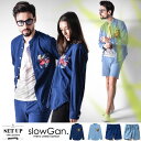 SLOWGAN スローガン インディゴ染めバンドカラーセットアップ メンズ バンドカラー ノーカラー シャツ ショーツ ショートパンツ ハーフパンツ デニム 花柄