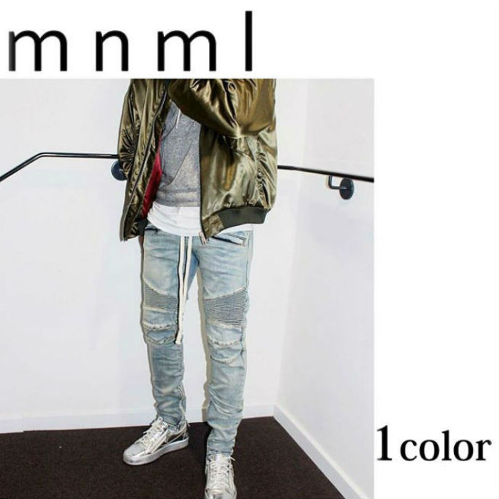 mnml ミニマル ストレッチ ダメージ デニムパンツ M14 STRETCH DENIM L.BLUE メンズ デニム バイカー スキニーパンツ hiphop ストリート系 ファッション