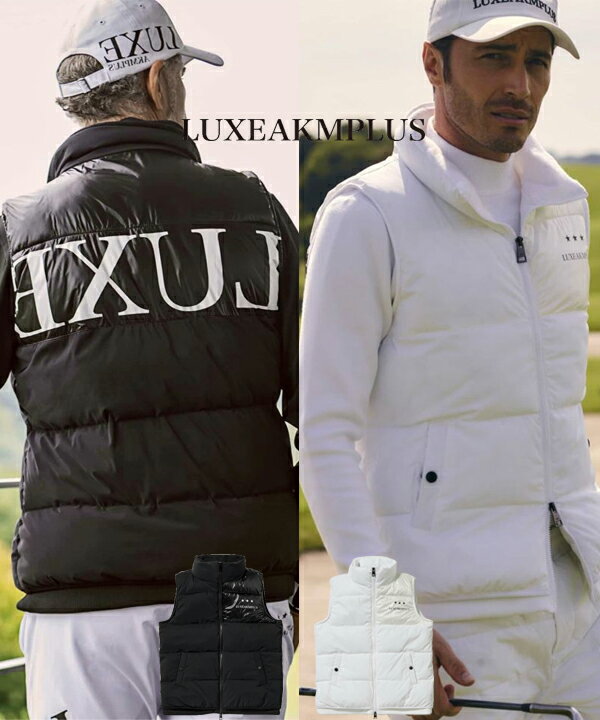 LUXEAKMPLUS リュクスエイケイエムプラス バックロゴパデッドベスト スポーツウェア ゴルフウェア 防寒 秋冬 メンズ レディース ブランド おしゃれ S M L XL XXL AKM ホワイト ブラック