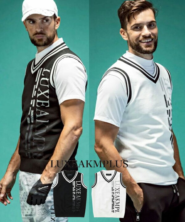 LUXEAKMPLUS リュクスエイケイエムプラス バーティカルロゴニットベスト メンズ Vネック ゴルフ GOLF ..