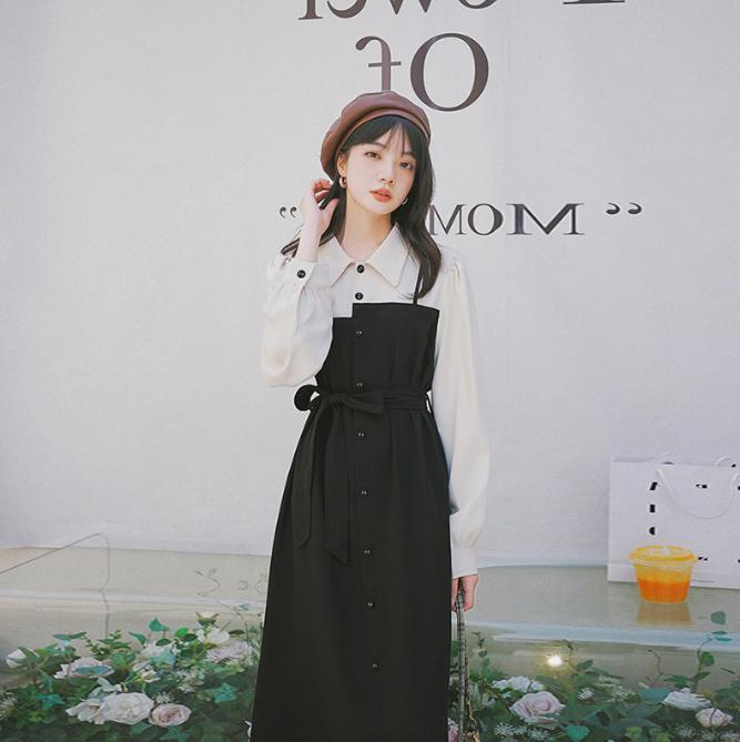 大きいサイズ レディース シャツワンピース｜フェイクレイヤード×Aライン×長袖｜フレンチレトロ風ティードレス