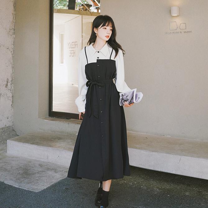 大きいサイズ レディース シャツワンピース｜フェイクレイヤード×Aライン×長袖｜フレンチレトロ風ティードレス