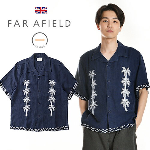 Rakuten - 26年春夏新作 FAR AFIELD/ファー アフィールド Veloso Shirt リネンシャツ（麻100%）Embroidered Landscape 刺繍 AFS988 [イギリス 英国 メンズ 開襟シャツ オープンシャツ 半袖 通気性 リゾート アロハ バカンス リラックス おしゃれ 夏 大人 ネイビー プレゼント]