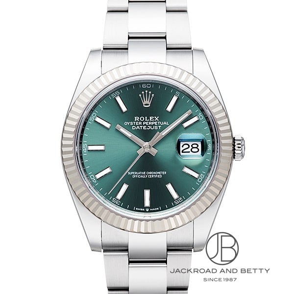 [商品ID：rx1554] &nbsp;PRODUCT&nbsp;&nbsp;-&nbsp;商品名&nbsp;- BRANDブランド ロレックスROLEX MODELモデル デイトジャスト41Datejust 41 REFERENCE型番 126334 &nbsp;DETAILS&nbsp;&nbsp;-&nbsp;商品詳細&nbsp;- 自社開発ムーブメント キャリバー「3235」搭載　70時間パワーリザーブ　18Kホワイトゴールドベゼル　ミントグリーン文字盤　3連ブレスレット仕様 &nbsp;SPEC&nbsp;&nbsp;-&nbsp;商品スペック&nbsp;- 保証 ： 当店オリジナル保証3年 状態 ： 新品 サイズ ： メンズ ケース径 ： 41 mm ムーブメント / キャリバー ： 自動巻き / 3235 クロノメーター搭載 防水性能 ： 100m防水 風防 ： サファイアクリスタル風防 仕様 ： 日付表示3針 付属品 ： メーカー純正BOXあり国際保証書あり ケース素材 ： ホワイトゴールド/ステンレススチール ベゼル素材 ： 18Kゴールド ベルト素材 ： ステンレススチール ベルトタイプ / サイズ ： ブレス 文字盤カラー ： グリーン 文字盤タイプ ： なし