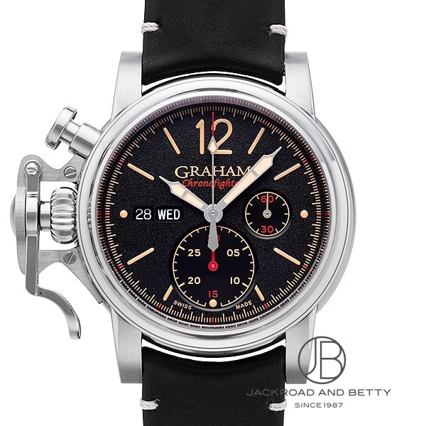 [商品ID：gh164] &nbsp;PRODUCT&nbsp;&nbsp;-&nbsp;商品名&nbsp;- BRANDブランド グラハムGRAHAM MODELモデル クロノファイター ヴィンテージChrono Fighter Vintage REFERENCE型番 2CVAS.B03A &nbsp;DETAILS&nbsp;&nbsp;-&nbsp;商品詳細&nbsp;- 第二次世界大戦時のイギリス空軍パイロットのために開発されたクロノグラフが元となっている、グラハムのフラッグシップコレクション「クロノファイター」。ケース左側に配した大型のコントロールレバー（トリガー）は、人間工学の観点から最高の操作性を実現しています。クロノファイター シリーズ発売15周年記念モデル　48時間パワーリザーブ　シースルーバック &nbsp;SPEC&nbsp;&nbsp;-&nbsp;商品スペック&nbsp;- 保証 ： 当店オリジナル保証3年 状態 ： 新品 サイズ ： メンズ ケース径 ： 44 mm ムーブメント / キャリバー ： 自動巻き / G1747 クロノメーター搭載 防水性能 ： 100m防水 風防 ： サファイアクリスタル風防 仕様 ： クロノグラフ日付表示シースルーバック 付属品 ： メーカー純正BOXあり国際保証書あり ケース素材 ： ステンレススチール ベゼル素材 ： ステンレススチール ベルト素材 ： 革 ベルトタイプ / サイズ ： ストラップ 文字盤カラー ： ブラック 文字盤タイプ ： なし