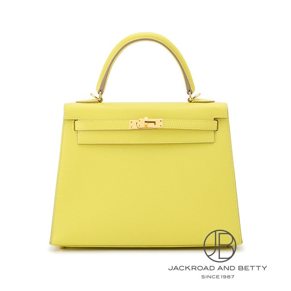 Hermes Kelly 25 (external stitching), lime yellow, pre-owned bag/wallet/accessories.