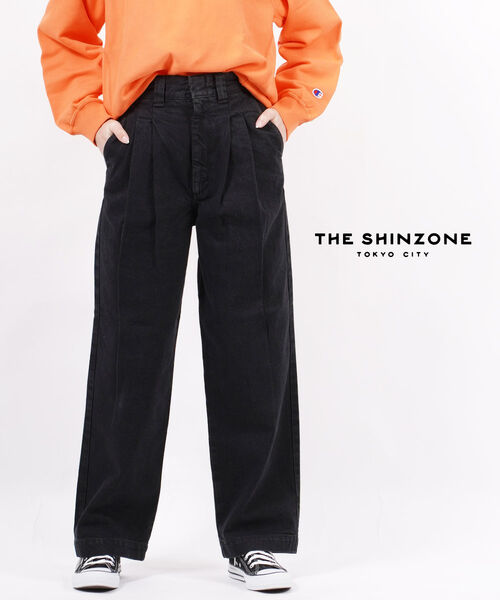 【5/20限定ポイント10倍】ザ シンゾーン THE SHINZONE コットン ハイウエストパンツ タックパンツ ブラックデニム TOMBOY JEANS・22SMSPA05-4432201(レディース)