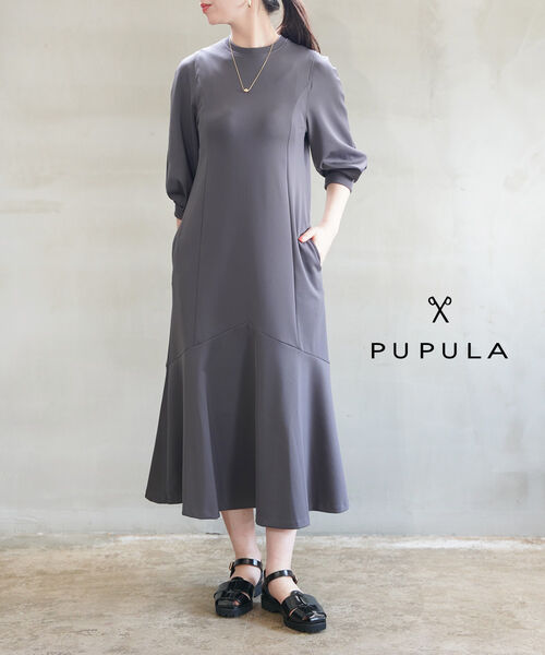 【12/3 20時からポイント10倍】ププラ PUPULA ワンピース ロングワンピース マキシワンピース きれいめ ストレッチ 伸縮性 フレア 半端袖 大人・157063-0142501(レディース)