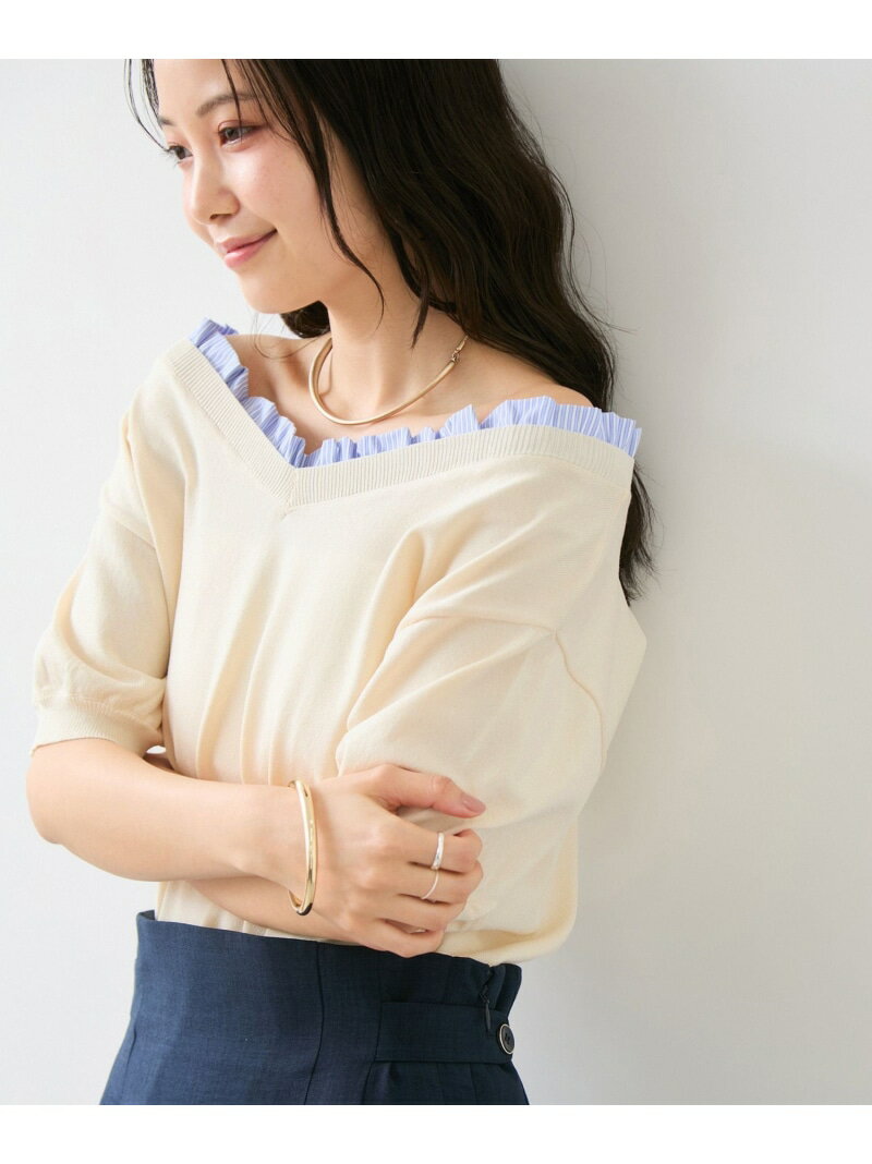 V-Neck - フリルドッキングVネックニット半袖プルオーバー/イージーケア VIS ビス トップス ニット グレー ベージュ ネイビー【送料無料】[Rakuten Fashion]