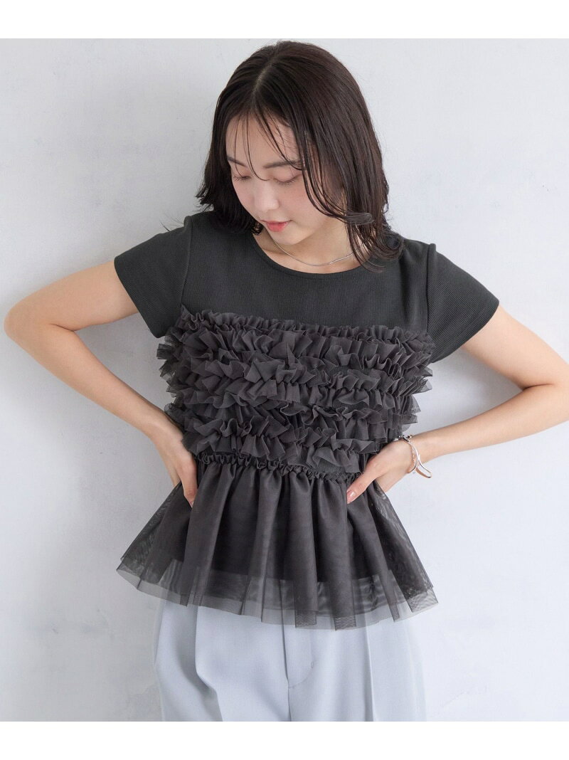 Rakuten - チュールフリルドッキングフレンチスリーブ/UVケア VIS ビス トップス カットソー・Tシャツ ブラウン グレー ホワイト【先行予約】*【送料無料】[Rakuten Fashion]