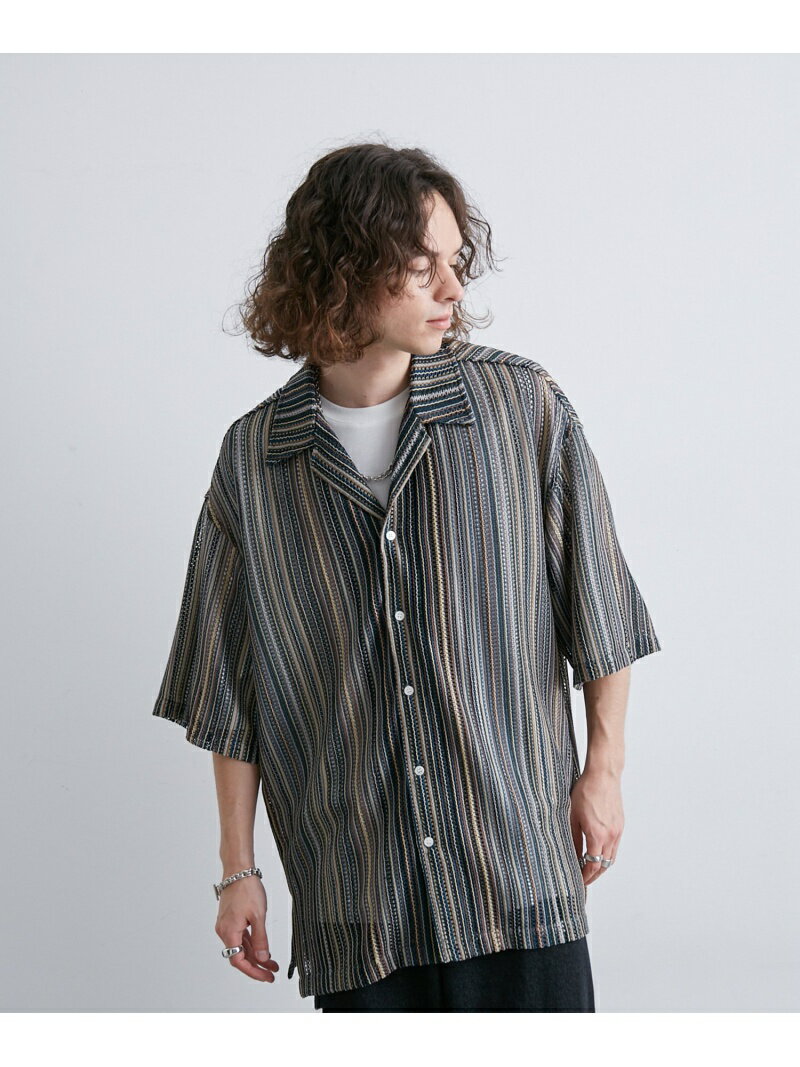 【SALE／50%OFF】透かし編みストライプ柄シャツ JUNRed ジュンレッド トップス シャツ・ブラウス ネイビー ブルー イエロー【RBA_E】[Rakuten Fashion]