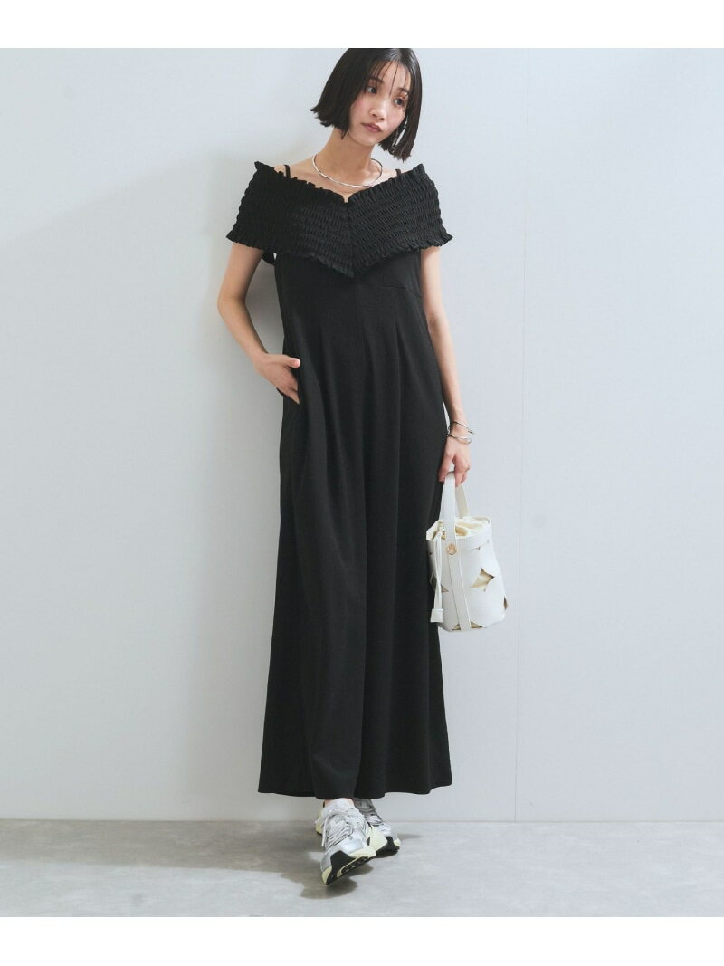 シャーリングオフショルダーオールインワン VIS ビス オールインワン・オーバーオール オールインワン・つなぎ ブルー ブラック【送料無料】[Rakuten Fashion]